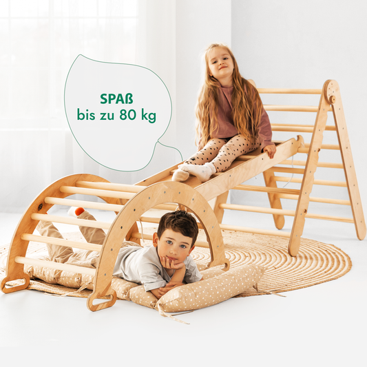 Set cadru de cățărat Montessori 4 în 1: Triunghi de cățărat cu tobogan, arc de cățărat și plasă de cățărat, pentru copii 1-7 ani - Bej