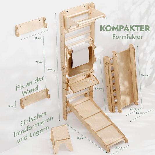 Perete de cățărat interior 8 în 1: bare de perete, inele de gimnastică, scară suspendată, leagăn cu disc, tobogan, bară de tracțiuni, tablă de desen și scaun pentru copii - bej