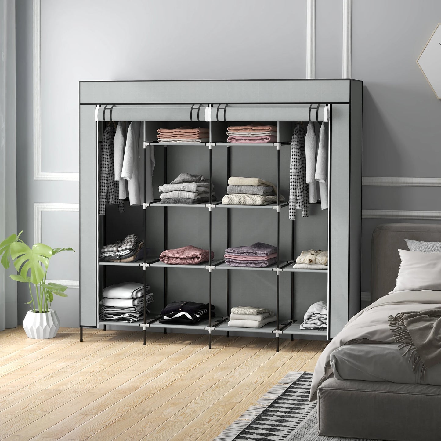 Homcom Fabric Wardrobe with 10 Compartments 4 Drawers 166X42.5X169.5 cm Gray