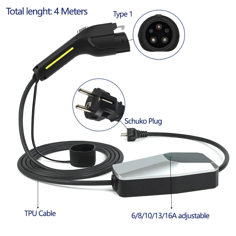 Type 1 Type 2 EV Charger Charging Box Electric for Electric Car 6A-16A 10 Meters 4 Meters 1 phase EVSE Charging Cable Mode 2