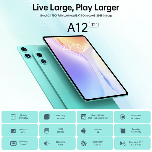 Odea A12 12 Inch Tddi Screen, 2000X1200 2K, Android 14 Tablet, (4+8)12Gb Ram, 128Gb Rom, Unisoc T606, 8 Cores, Mali-G57, 8000Mah, 13Mp+8Mp, Supports Tf up to 1Tb, Type C, Widevine Drm L1 for Netflix