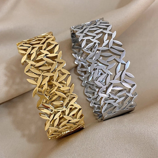 ALLYES 316L Stainless Steel Leaves Wide Chunky Bangles Bracelets for Women Unique Design Wrist Bracelet Waterproof Jewelry