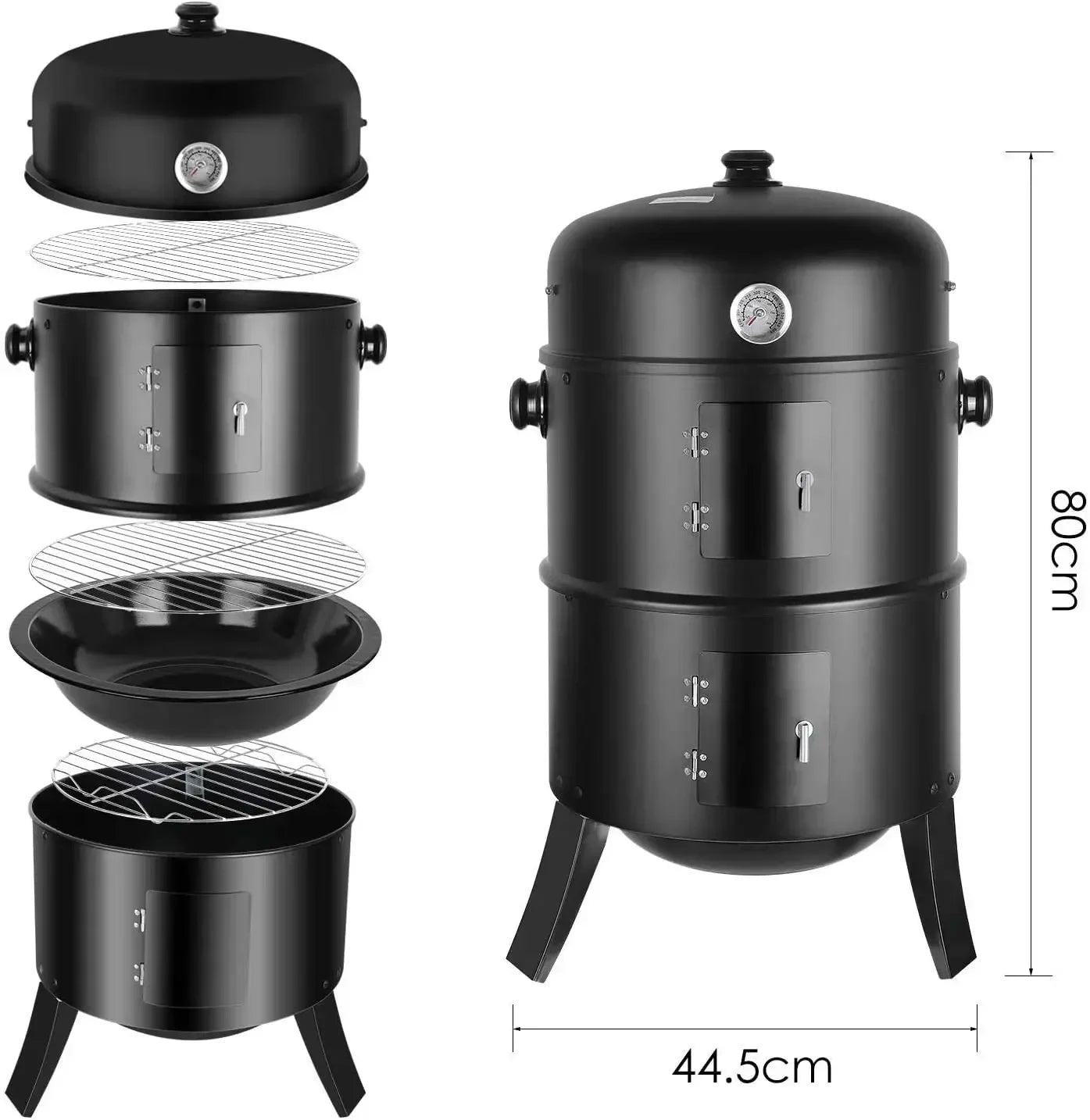Charcoal BBQ Smoker Grill,3-in-1 Portable Vertical Grill Cooker with Built-in Thermometers & Adjustable Vent Systems for Outdoor