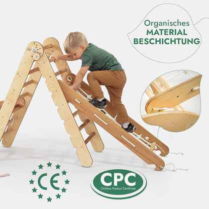 Set cadru de cățărat Montessori 4 în 1: Triunghi de cățărat cu tobogan, arc de cățărat și plasă de cățărat, pentru copii 1-7 ani - Bej