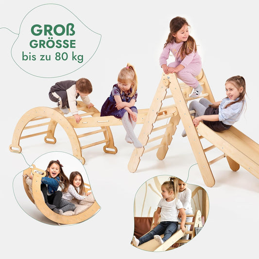 Set cadru de cățărat Montessori 4 în 1: Triunghi de cățărat cu tobogan, arc de cățărat și plasă de cățărat, pentru copii 1-7 ani - Bej