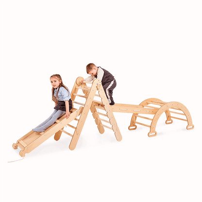Set cadru de cățărat Montessori 4 în 1: Triunghi de cățărat cu tobogan, arc de cățărat și plasă de cățărat, pentru copii 1-7 ani - Bej