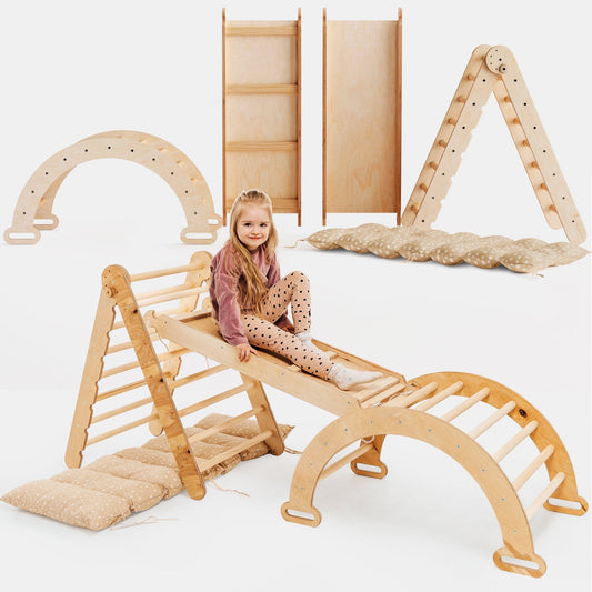 Set cadru de cățărat Montessori 4 în 1: Triunghi de cățărat cu tobogan, arc de cățărat și plasă de cățărat, pentru copii 1-7 ani - Bej