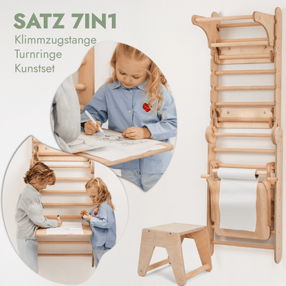 Perete de cățărat interior 8 în 1: bare de perete, inele de gimnastică, scară suspendată, leagăn cu disc, tobogan, bară de tracțiuni, tablă de desen și scaun pentru copii - bej