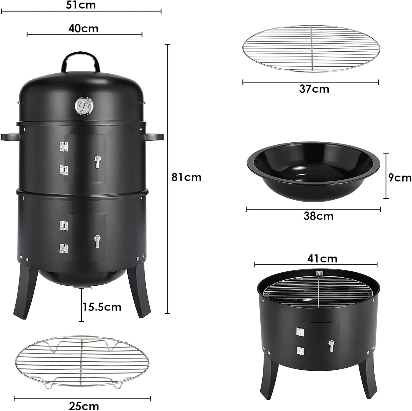 Charcoal BBQ Smoker Grill,3-in-1 Portable Vertical Grill Cooker with Built-in Thermometers & Adjustable Vent Systems for Outdoor