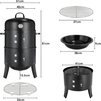 Charcoal BBQ Smoker Grill,3-in-1 Portable Vertical Grill Cooker with Built-in Thermometers & Adjustable Vent Systems for Outdoor