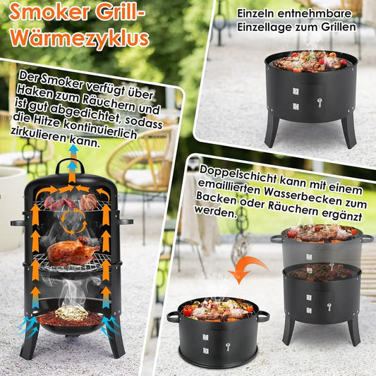 Charcoal BBQ Smoker Grill,3-in-1 Portable Vertical Grill Cooker with Built-in Thermometers & Adjustable Vent Systems for Outdoor