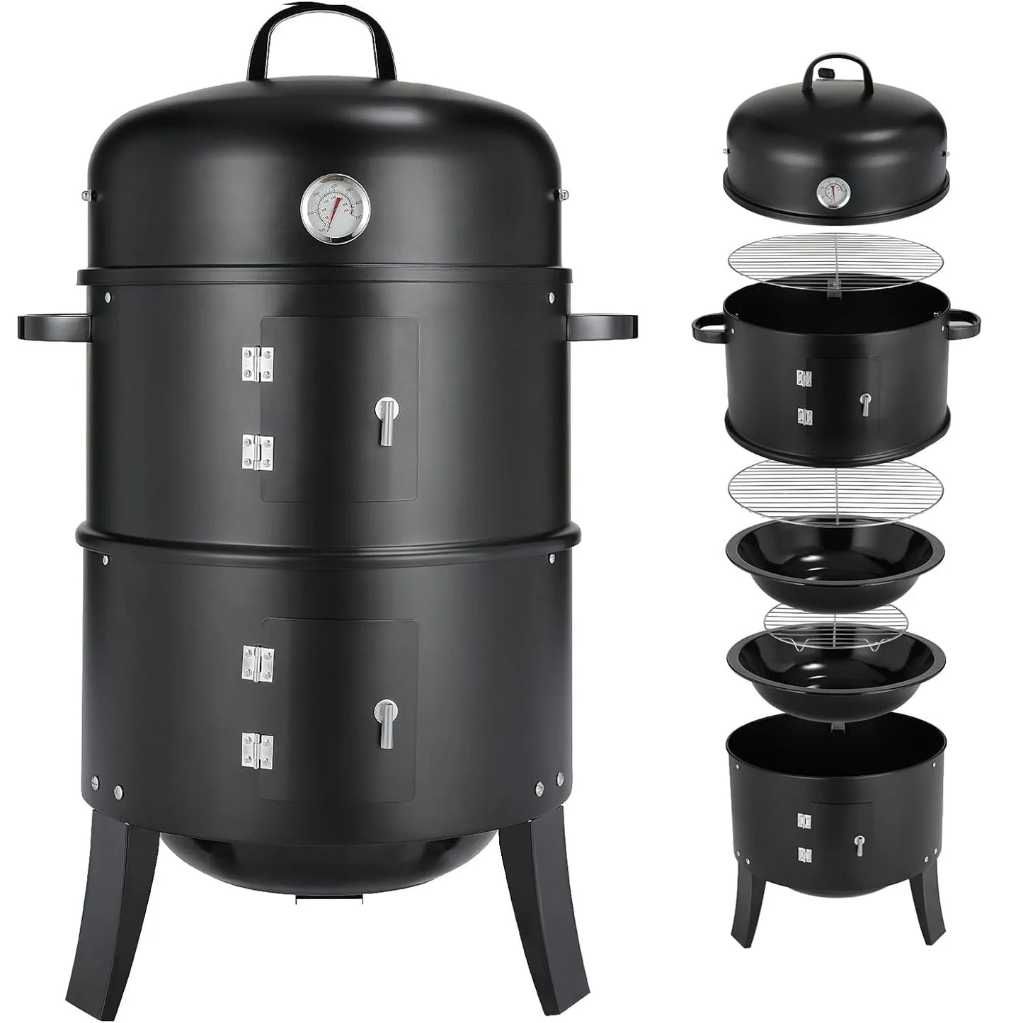 Charcoal BBQ Smoker Grill,3-in-1 Portable Vertical Grill Cooker with Built-in Thermometers & Adjustable Vent Systems for Outdoor