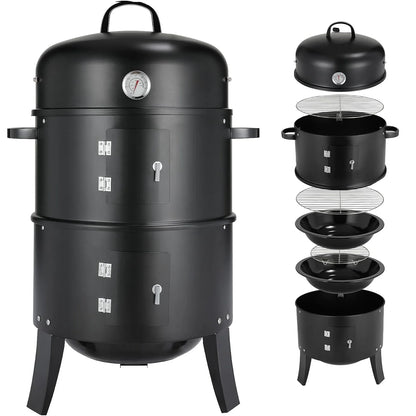 Charcoal BBQ Smoker Grill,3-in-1 Portable Vertical Grill Cooker with Built-in Thermometers & Adjustable Vent Systems for Outdoor