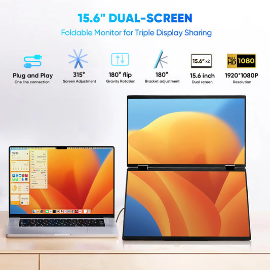 15.6 Inch All-in-one Foldable Dual Monitors Portable Triple Monitor for Laptop Business Gaming Series IPS Panel Type C Interface