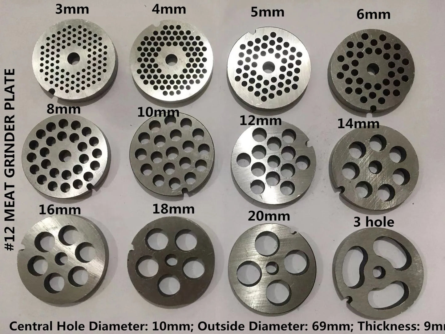 #12 Replaceable Meat Grinder Plate OD 69mm Center 10mm Hole 3-20mm Manganese Steel Chopper Mincer Disc For Mixer Food Chopper
