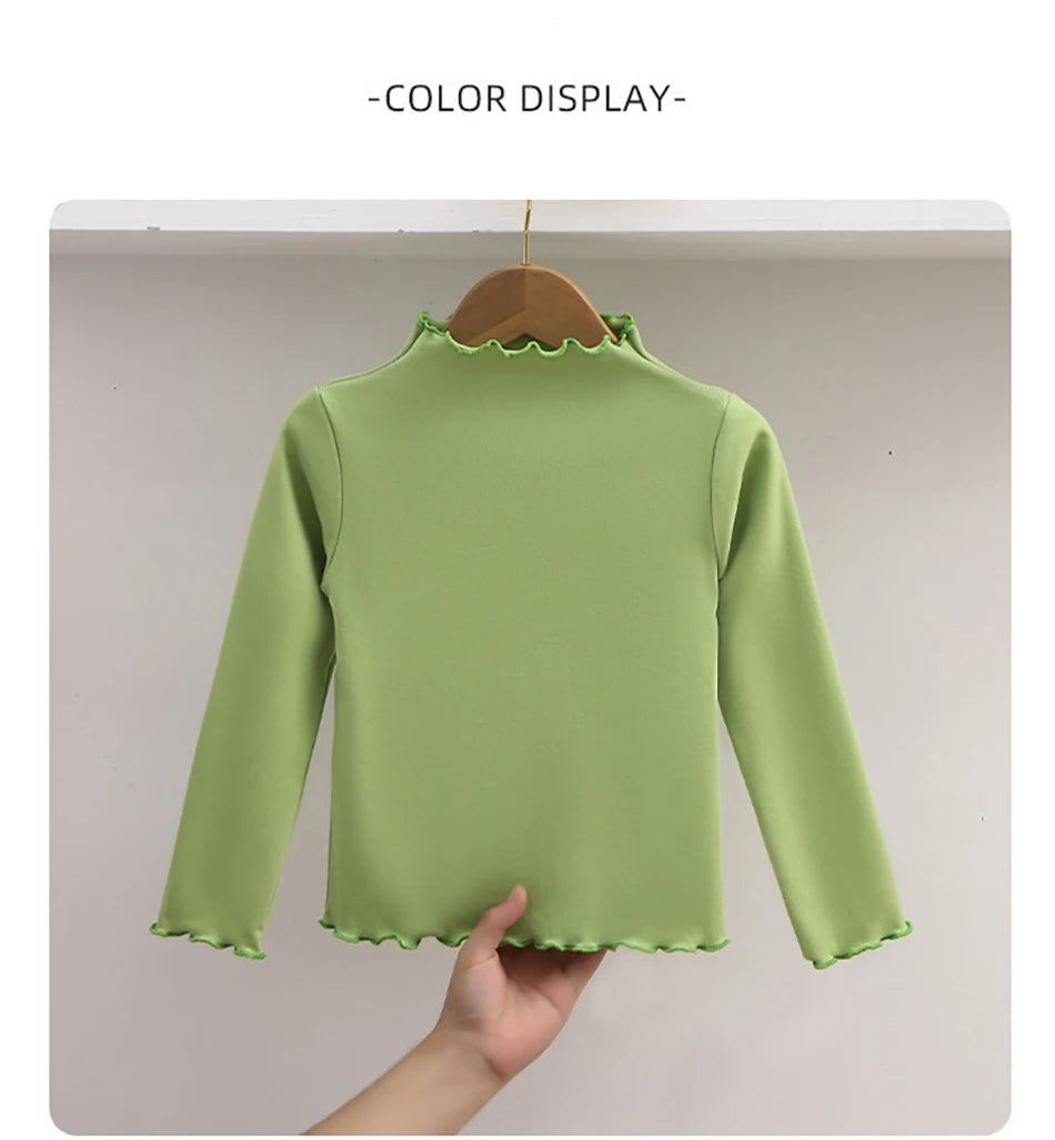 Autumn-Winter Girls Long Sleeve Solid Color T-Shirt with Ruffle Collar Girls Fashionable Comfortable Everyday Wear T-Shirt