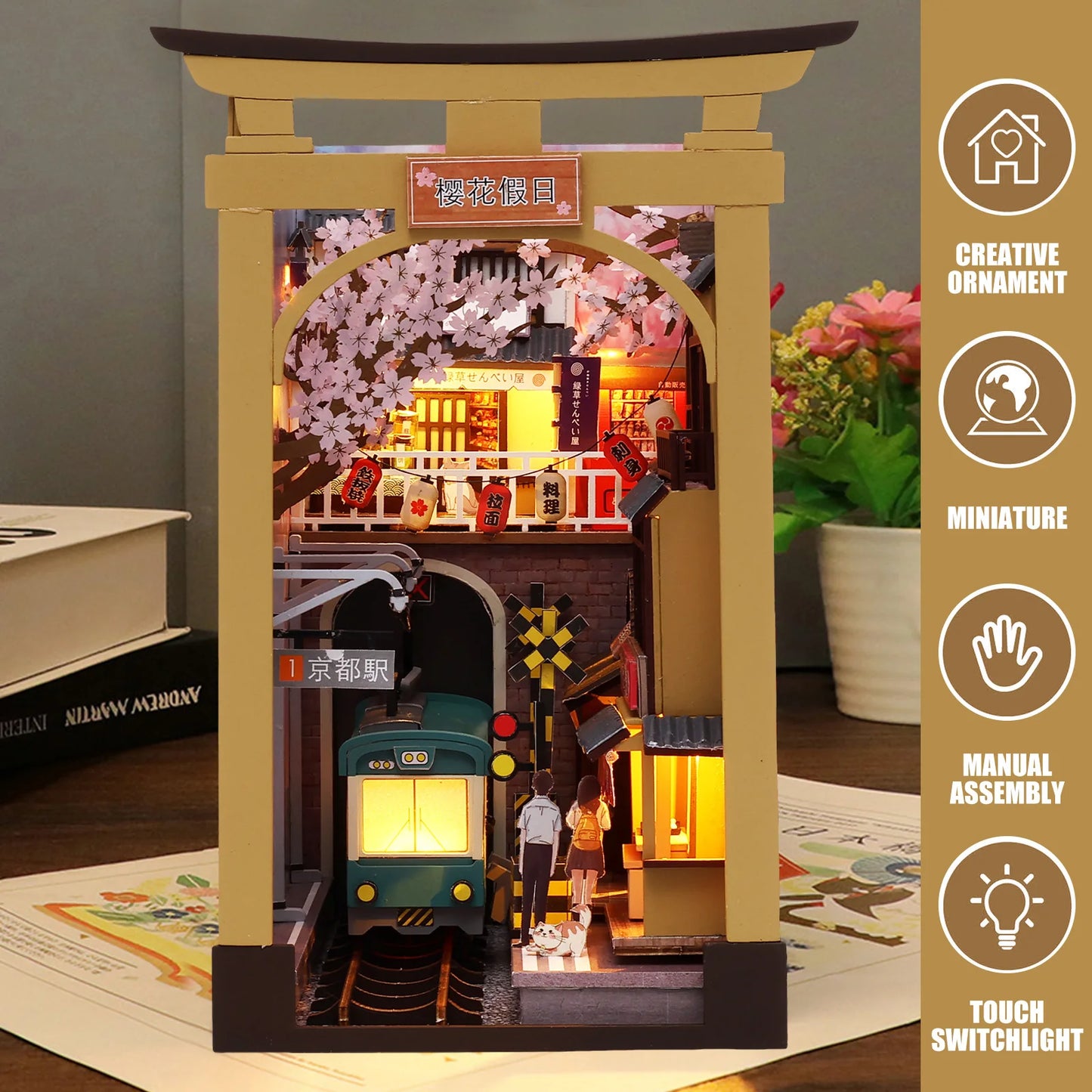 3D Wood Puzzle Book Nook Kit DIY Bookend Decoration with LED Light Miniature Dollhouse Model Building Kit Insert Bookshelf Gift