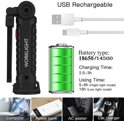 COB LED Work Light Dimmable USB Rechargeable LED Flashlight Inspection Lamp With Magnetic Hook Power Bank 18650 Battery Torch