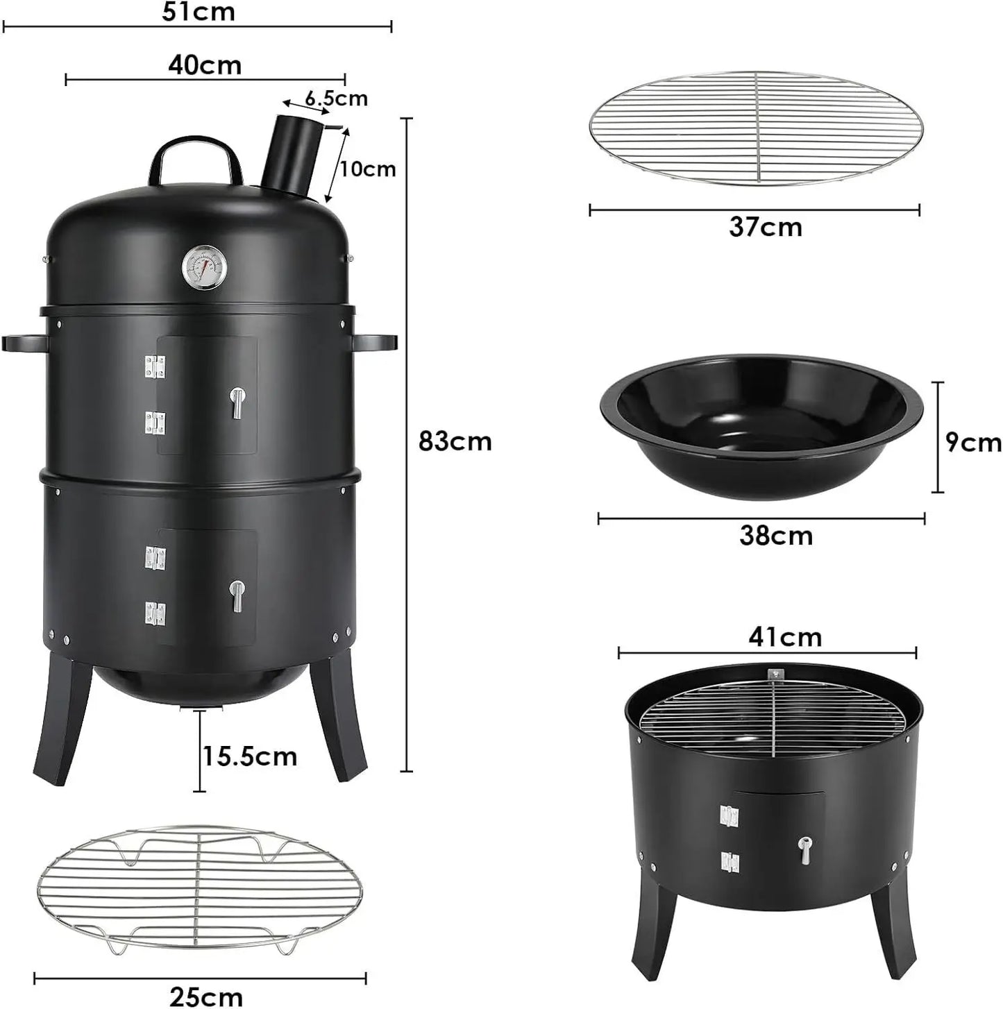 Charcoal BBQ Smoker Grill,3-in-1 Portable Vertical Grill Cooker with Built-in Thermometers & Adjustable Vent Systems for Outdoor