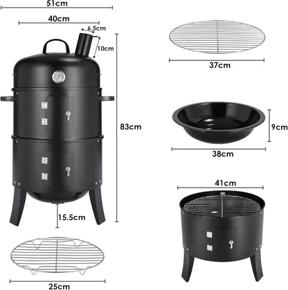 Charcoal BBQ Smoker Grill,3-in-1 Portable Vertical Grill Cooker with Built-in Thermometers & Adjustable Vent Systems for Outdoor