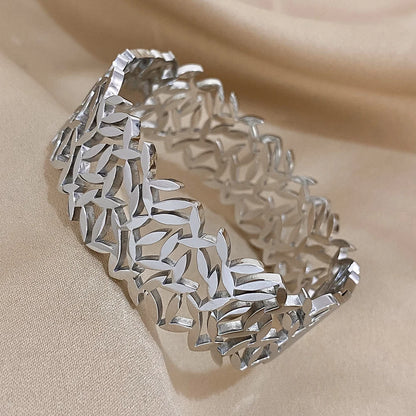 ALLYES 316L Stainless Steel Leaves Wide Chunky Bangles Bracelets for Women Unique Design Wrist Bracelet Waterproof Jewelry