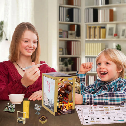 3D Wood Puzzle Book Nook Kit DIY Bookend Decoration with LED Light Miniature Dollhouse Model Building Kit Insert Bookshelf Gift