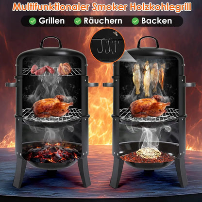Charcoal BBQ Smoker Grill,3-in-1 Portable Vertical Grill Cooker with Built-in Thermometers & Adjustable Vent Systems for Outdoor