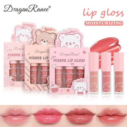 Dragon Ranee 3 colors doe lip glass hydrating mirror lip glaze moisturizing pearl with flash cartoon lip gloss set