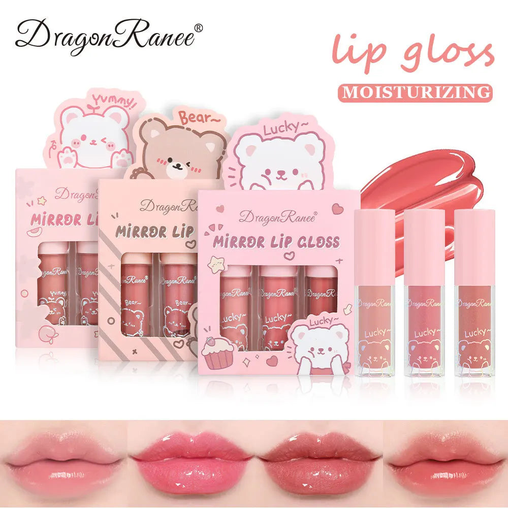 Dragon Ranee 3 colors doe lip glass hydrating mirror lip glaze moisturizing pearl with flash cartoon lip gloss set