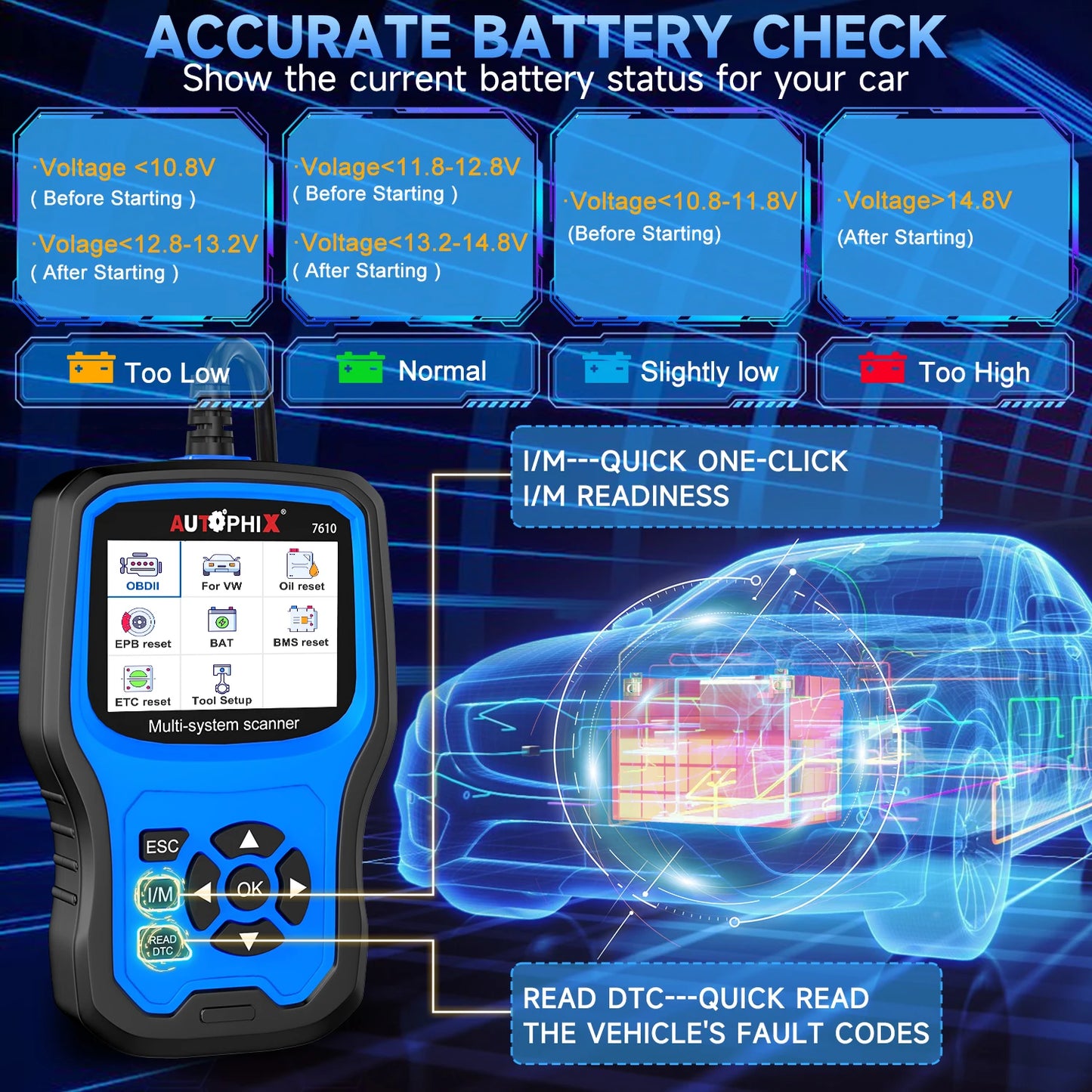 Autophix 7610 OBD2 Automotive Scanner for VW/AUDI All System EOBD/OBDII Code Reader ABS SRS Oil EPB D.PF TPMS Reset Car Tool