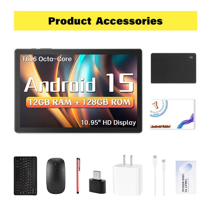 ANRY 10.95-inch HD Display Tablet Android 15 12GB RAM 128 ROM 2.4G/5G WiFi T606 Octa-Code 8000mAh Android Tablets with Case