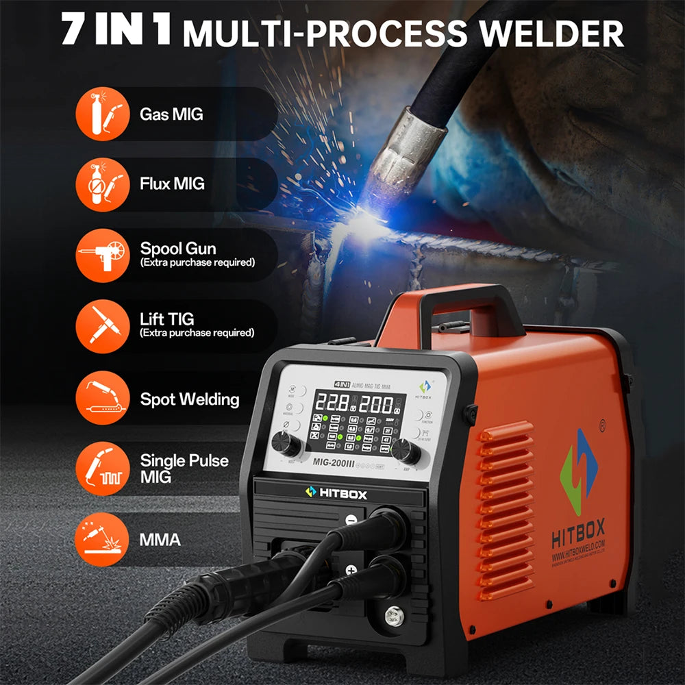 HITBOX 7 in 1 MIG Welding Machine 200A MMA/Gas Flux MIG/Lift TIG/Spot Welding/Spool Gun/Single Pulse Aluminium Welder Home DIY