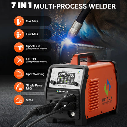 HITBOX 7 in 1 MIG Welding Machine 200A MMA/Gas Flux MIG/Lift TIG/Spot Welding/Spool Gun/Single Pulse Aluminium Welder Home DIY