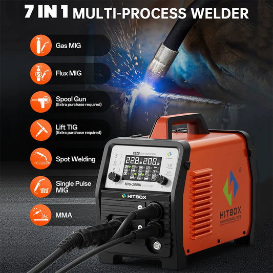 HITBOX 7 in 1 MIG Welding Machine 200A MMA/Gas Flux MIG/Lift TIG/Spot Welding/Spool Gun/Single Pulse Aluminium Welder Home DIY