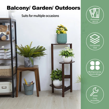 3 Tier Bamboo Tall Corner Plant Rack Planter Stand Flower Pot Holder Storage Rack for Balcony Garden Patio