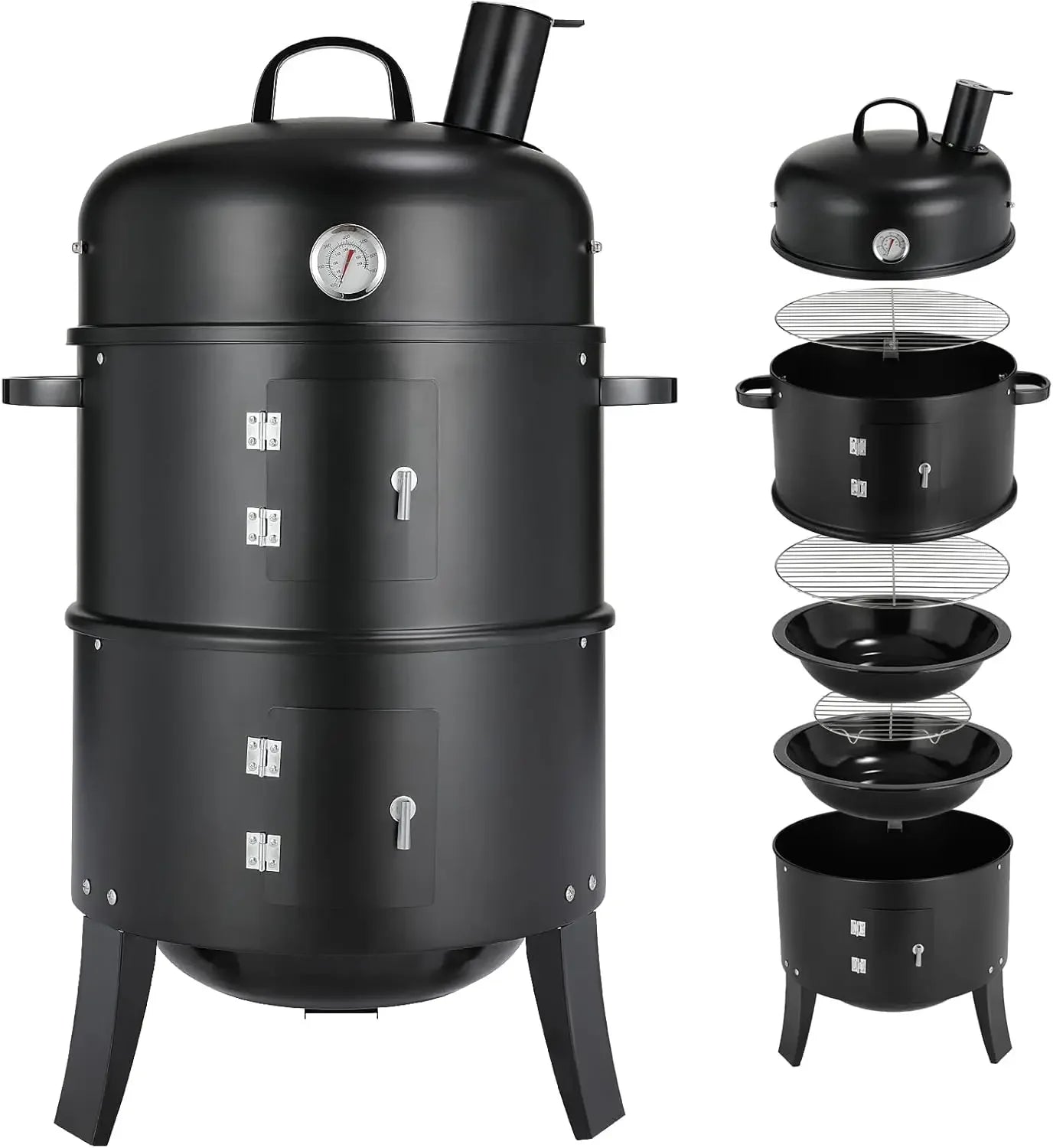 Charcoal BBQ Smoker Grill,3-in-1 Portable Vertical Grill Cooker with Built-in Thermometers & Adjustable Vent Systems for Outdoor