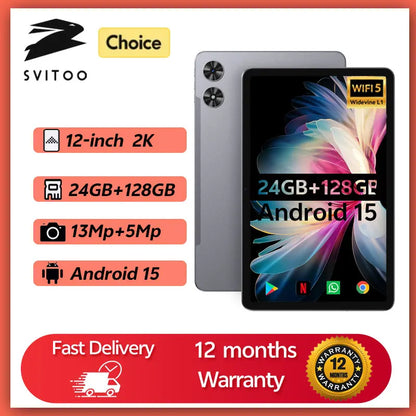 SVITOO Android Tablet 12 inch Large Screen Tablet 24GB+128GB 2K Display 18W Fast Charge 5MP+13MP Camera 8000mAh Battery Tablets