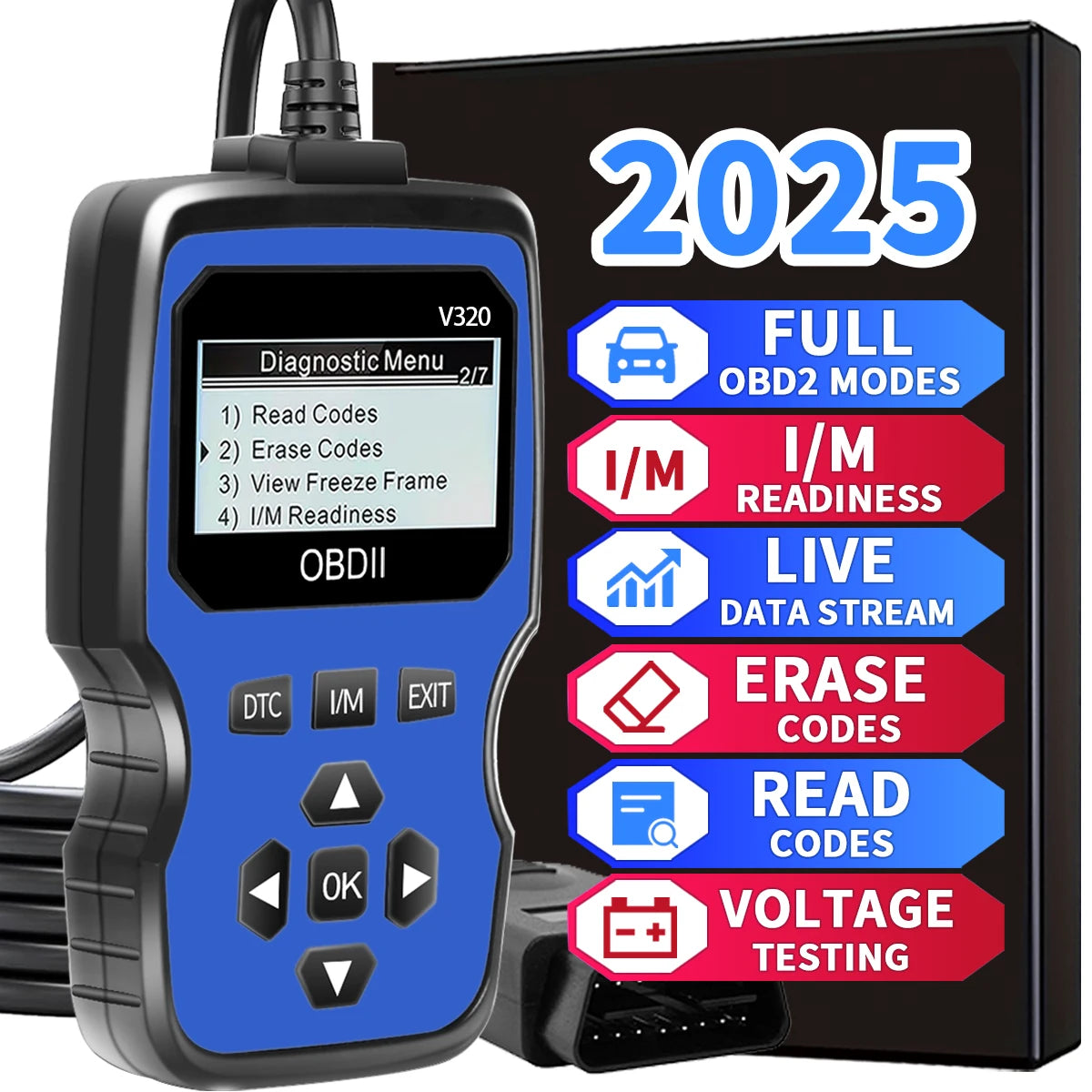 Obd2 Diagnostic Scanner Tools - Engine Fault Code Reader for All Cars in 1996 Years with Real-Time Data Flow, Battery Test and Erase Code