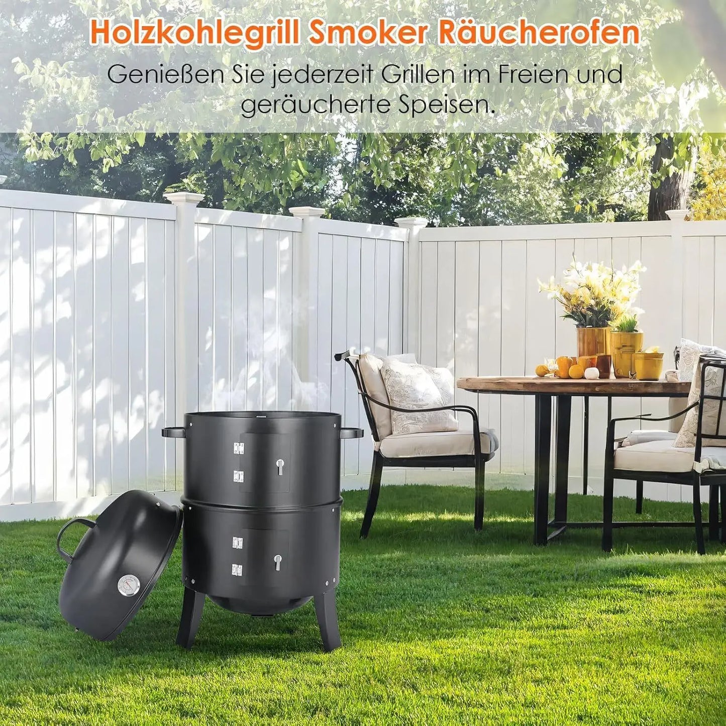 Charcoal BBQ Smoker Grill,3-in-1 Portable Vertical Grill Cooker with Built-in Thermometers & Adjustable Vent Systems for Outdoor