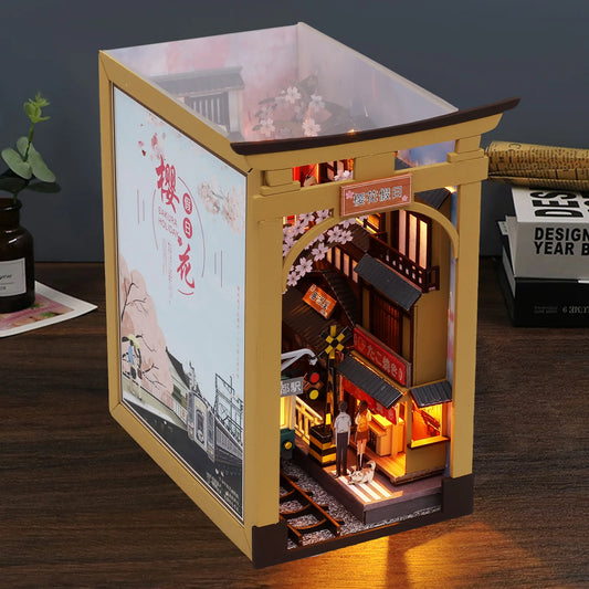 3D Wood Puzzle Book Nook Kit DIY Bookend Decoration with LED Light Miniature Dollhouse Model Building Kit Insert Bookshelf Gift