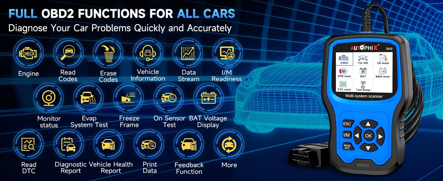 Autophix 7610 OBD2 Automotive Scanner for VW/AUDI All System EOBD/OBDII Code Reader ABS SRS Oil EPB D.PF TPMS Reset Car Tool