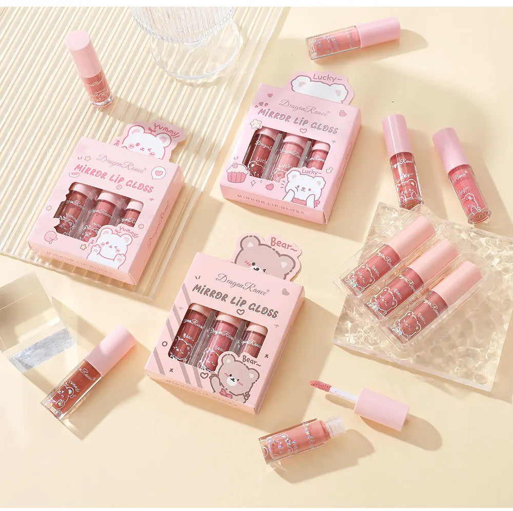 Dragon Ranee 3 colors doe lip glass hydrating mirror lip glaze moisturizing pearl with flash cartoon lip gloss set