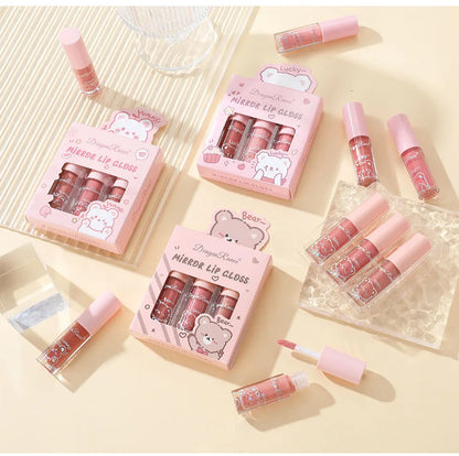 Dragon Ranee 3 colors doe lip glass hydrating mirror lip glaze moisturizing pearl with flash cartoon lip gloss set