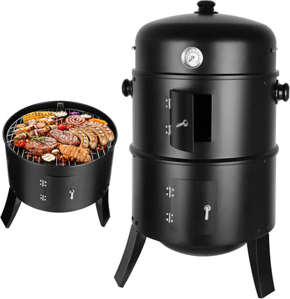Charcoal BBQ Smoker Grill,3-in-1 Portable Vertical Grill Cooker with Built-in Thermometers & Adjustable Vent Systems for Outdoor