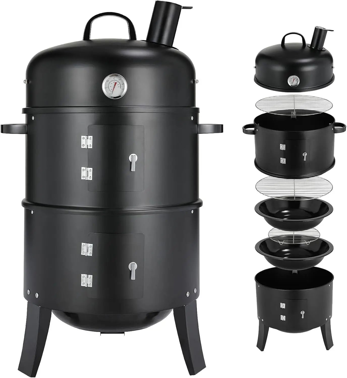 Charcoal BBQ Smoker Grill,3-in-1 Portable Vertical Grill Cooker with Built-in Thermometers & Adjustable Vent Systems for Outdoor