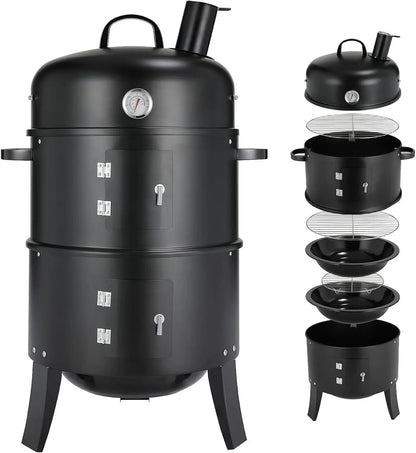 Charcoal BBQ Smoker Grill,3-in-1 Portable Vertical Grill Cooker with Built-in Thermometers & Adjustable Vent Systems for Outdoor