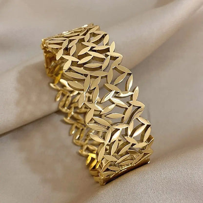 ALLYES 316L Stainless Steel Leaves Wide Chunky Bangles Bracelets for Women Unique Design Wrist Bracelet Waterproof Jewelry