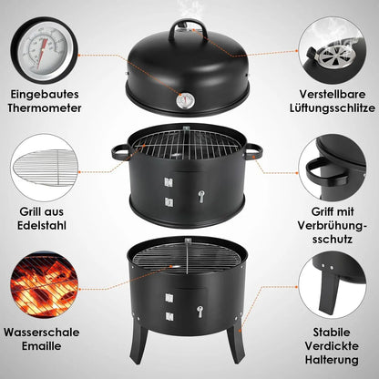 Charcoal BBQ Smoker Grill,3-in-1 Portable Vertical Grill Cooker with Built-in Thermometers & Adjustable Vent Systems for Outdoor