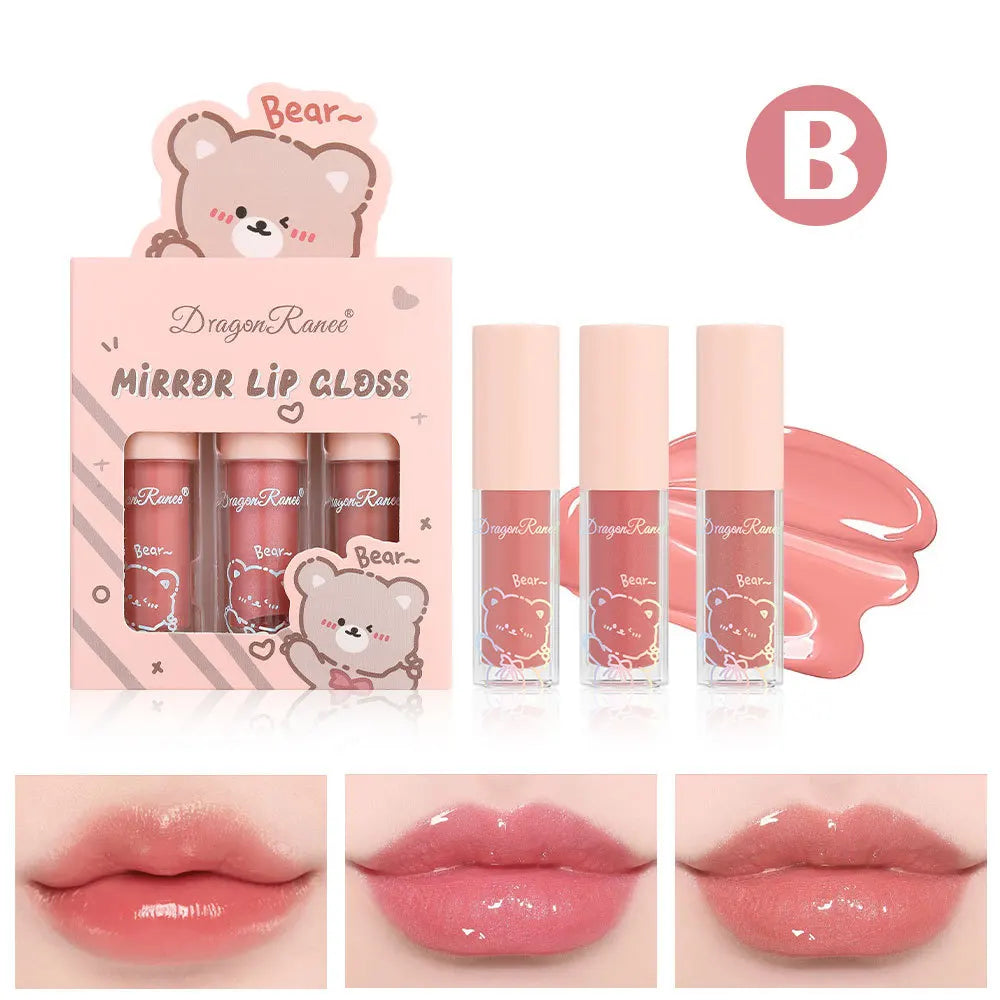 Dragon Ranee 3 colors doe lip glass hydrating mirror lip glaze moisturizing pearl with flash cartoon lip gloss set