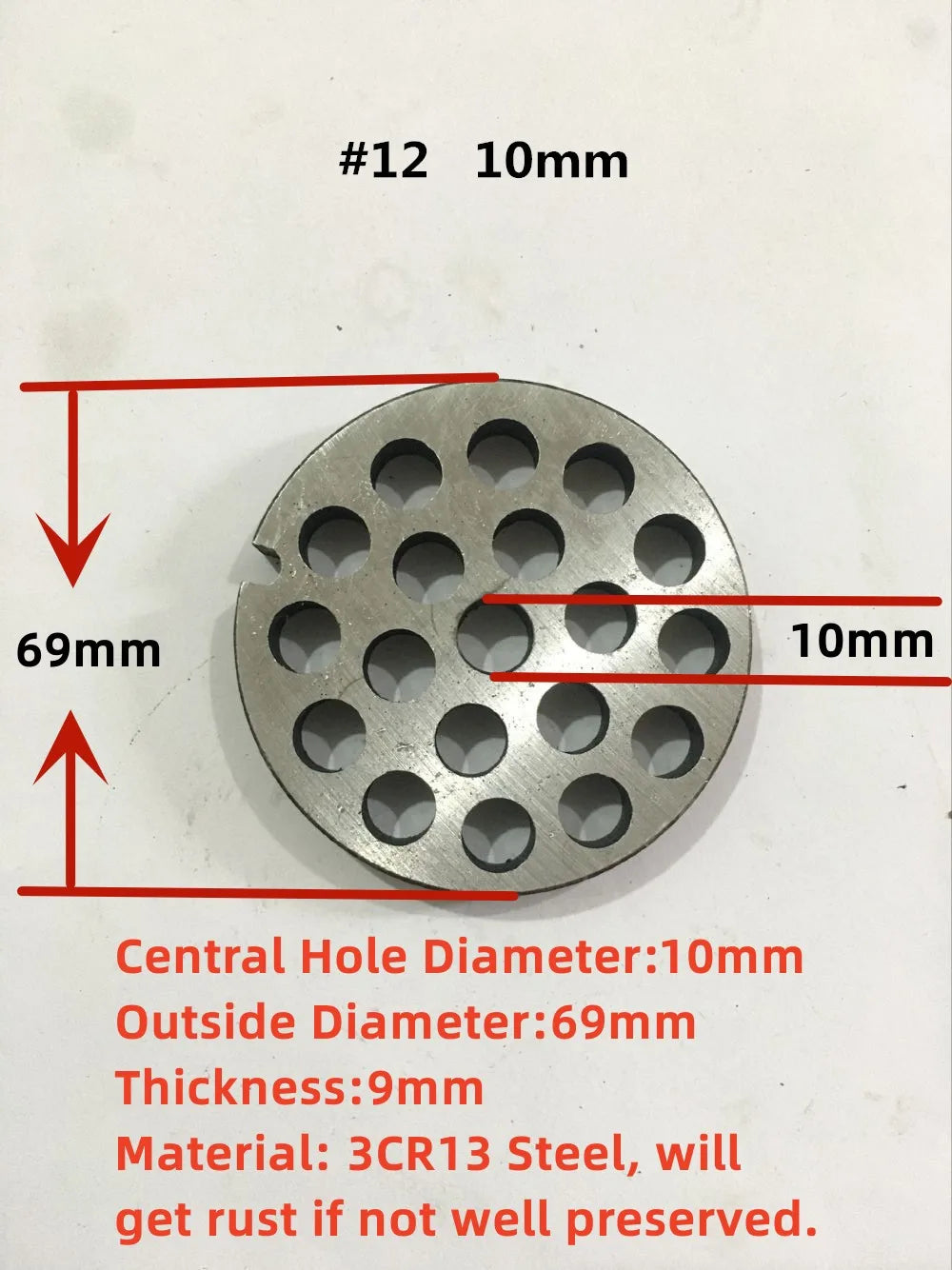 #12 Replaceable Meat Grinder Plate OD 69mm Center 10mm Hole 3-20mm Manganese Steel Chopper Mincer Disc For Mixer Food Chopper